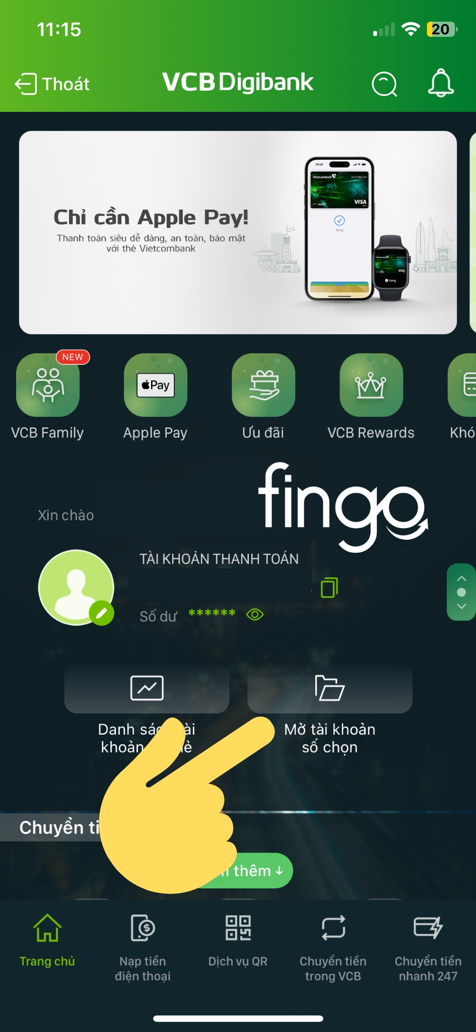 Đăng nhập vào ứng dụng VCB Digibank. Chọn "Mở tài khoản số chọn".