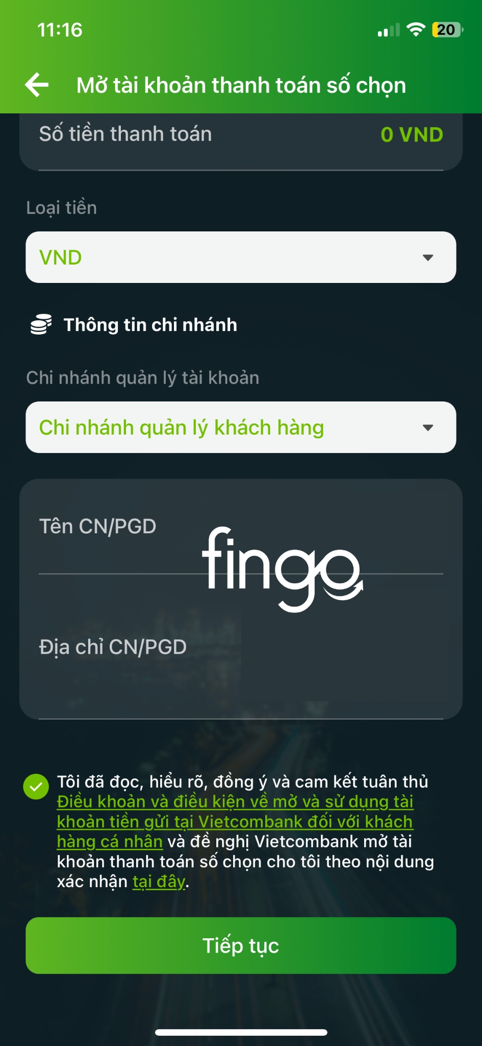 Đồng ý với điều khoản và chọn "Tiếp tục".
