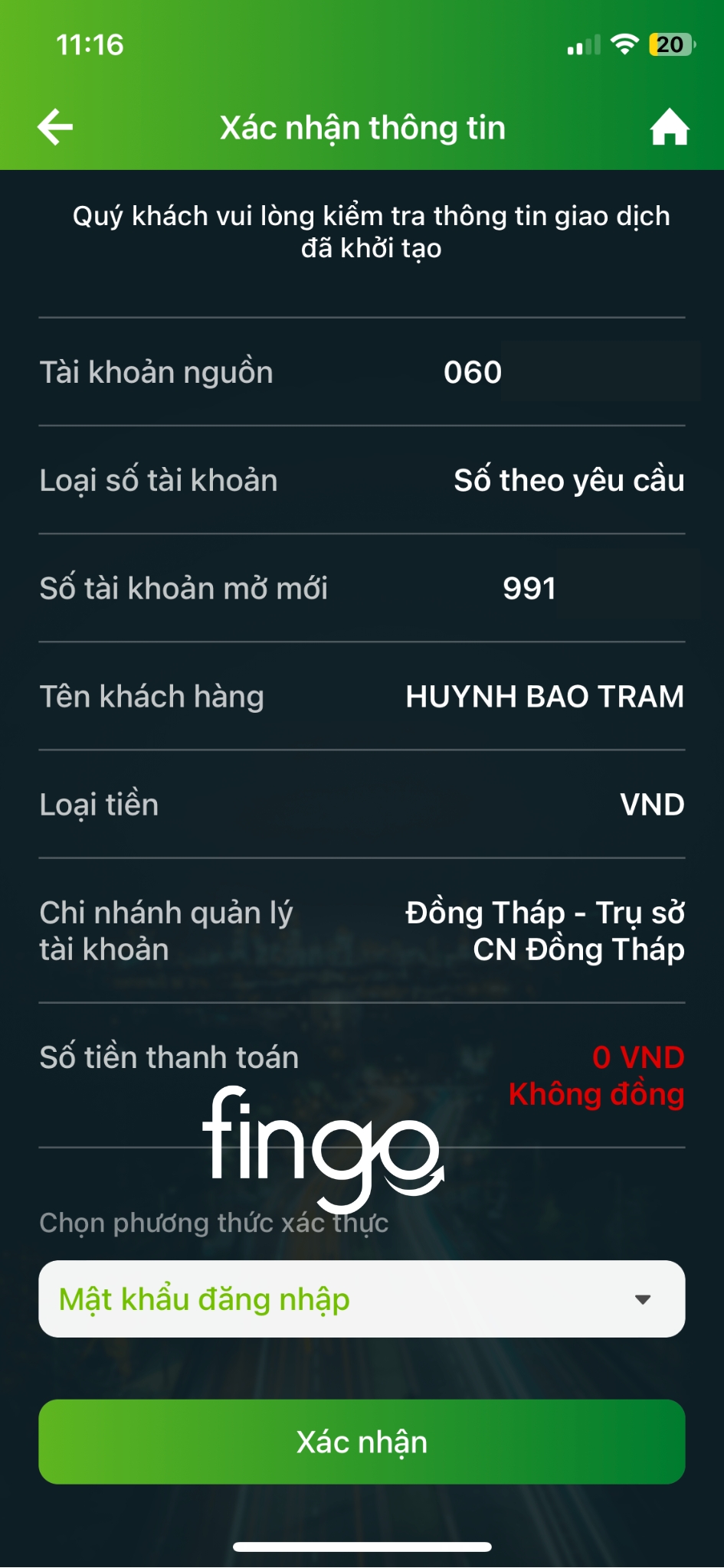 Kiểm tra lại thông tin, chọn hình thức xác nhận và chọn "Xác nhận".