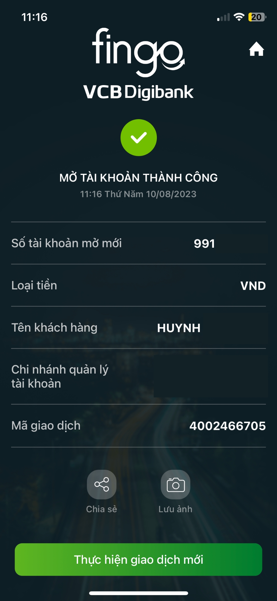 Mở tài khoản theo số điện thoại Vietcombank thành công.