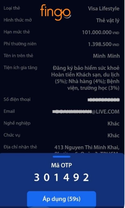 Kiểm tra lại các thông tin và chọn Xác nhận. Nhập mã OTP để hoàn tất.