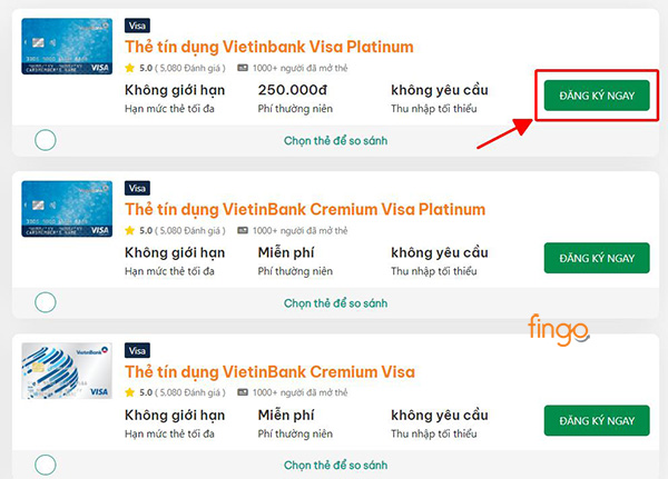 Chọn thẻ tín dụng phù hợp và bấm Đăng ký ngay