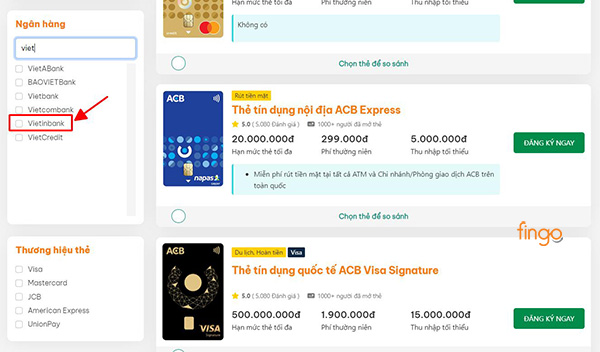 Chọn bộ lọc ngân hàng Vietinbank để dễ dàng kiếm các sản phẩm thẻ