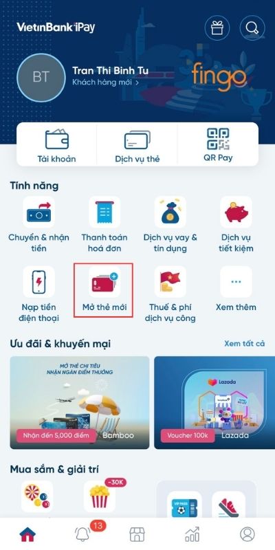 Chọn Mở thẻ mới