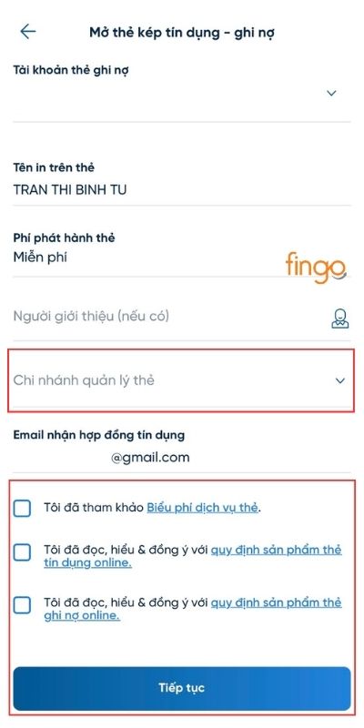 Tham khảo biểu phí và đọc thật kỹ quy định về thẻ sau đó tích vào ô và nhấn Tiếp tục