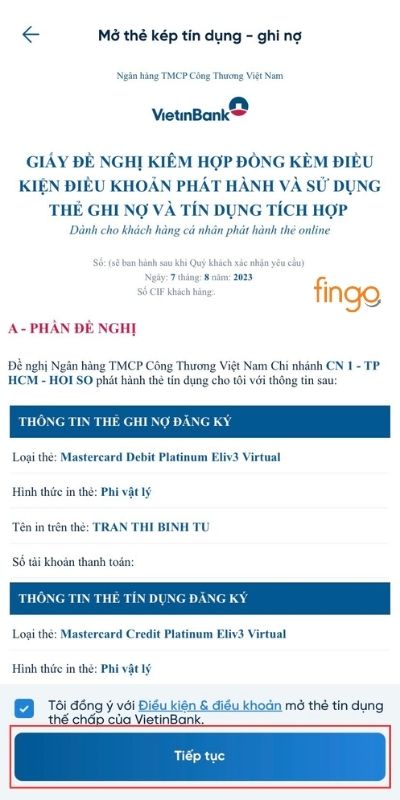 Đọc hợp đồng và đồng ý với các thông tin, điều khoản, nhấn Tiếp tục