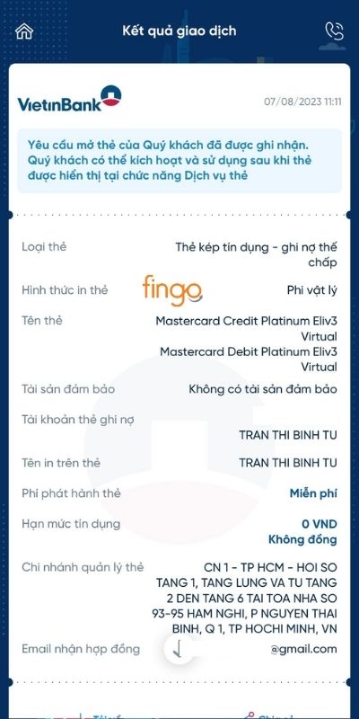 Thông báo mở thẻ tín dụng Vietinbank thành công
