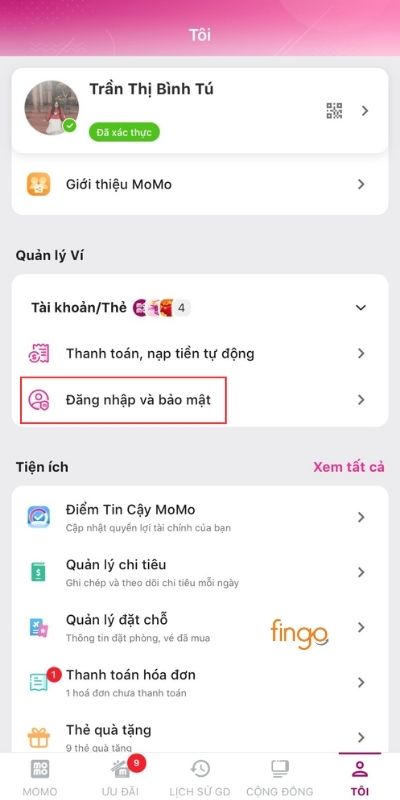 Chọn Đăng nhập và bảo mật