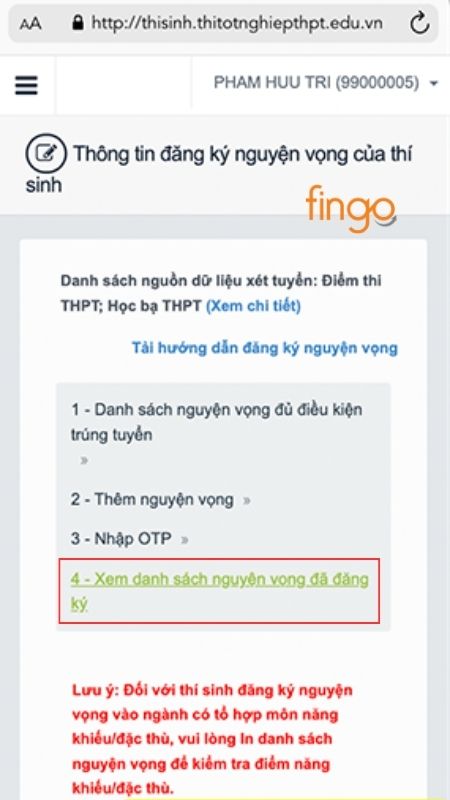 Chọn mục Xem danh sách nguyện vọng đã đăng ký