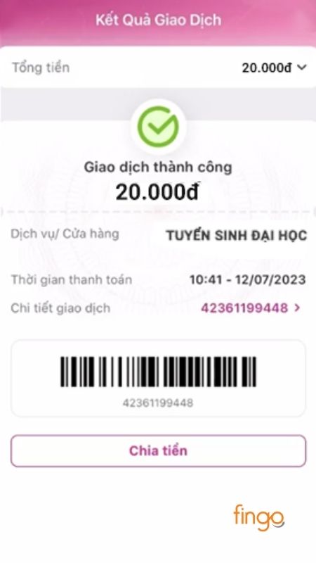 Giao dịch thanh toán nguyện vọng bằng MoMo thành công