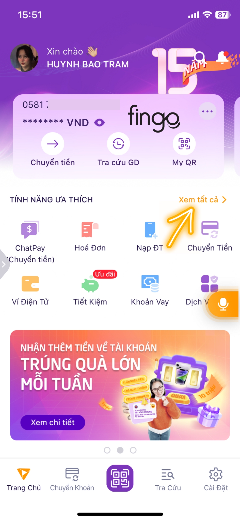 Đăng nhập vào ứng dụng TPBank Mobile. Chọn "Xem tất cả".