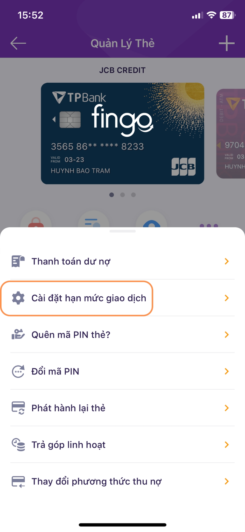 Chọn "Cài đặt hạn mức giao dịch".