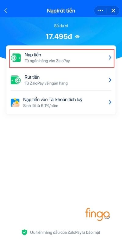 Chọn Nạp tiền