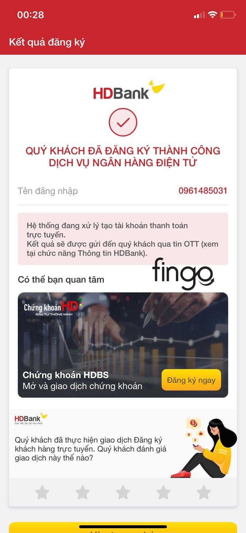 Mở tài khoản HDBank online thành công.
