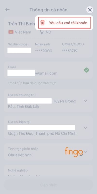 Bấm Yêu cầu xóa tài khoản