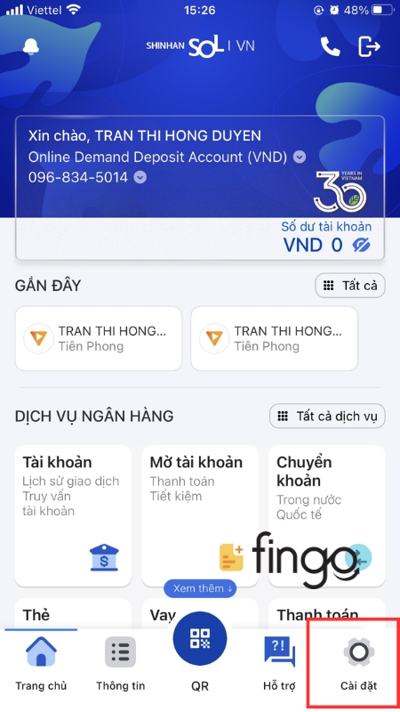 Đăng nhập vào ứng dụng SOL Shinhan Bank và chọn cài đặt