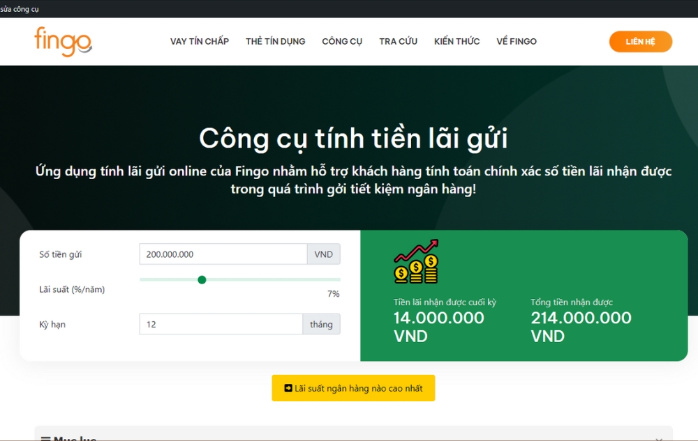 Công cụ tính lãi suất của Fingo