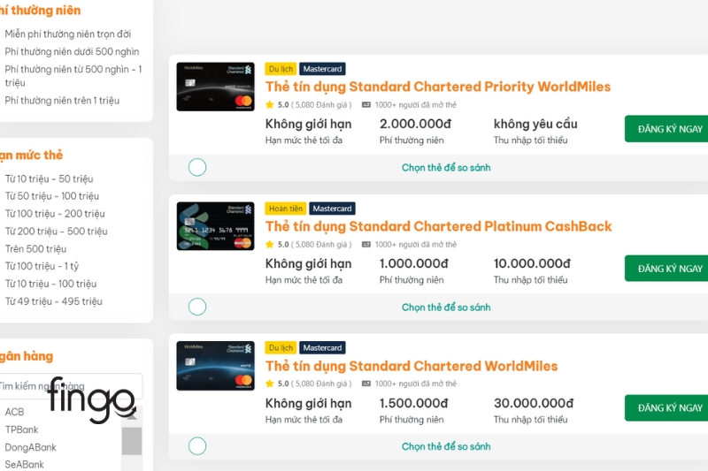 Truy cập vào trang web so sánh thẻ tín dụng Standard Chartered của Fingo