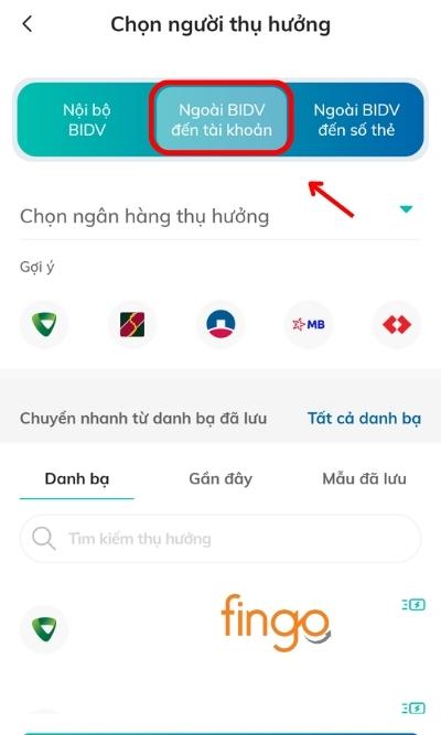 Tại màn hình trang chủ của ứng dụng, chọn Chuyển tiền, sau đó chọn Chuyển tiền ngoài BIDV đến số tài khoản