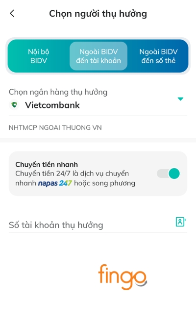 Chọn Ngân hàng thụ hưởng và nhập số tài khoản