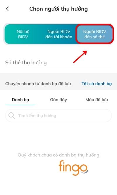 Tại màn hình trang chủ của ứng dụng, chọn Chuyển tiền, sau đó chọn Chuyển tiền ngoài BIDV đến số thẻ