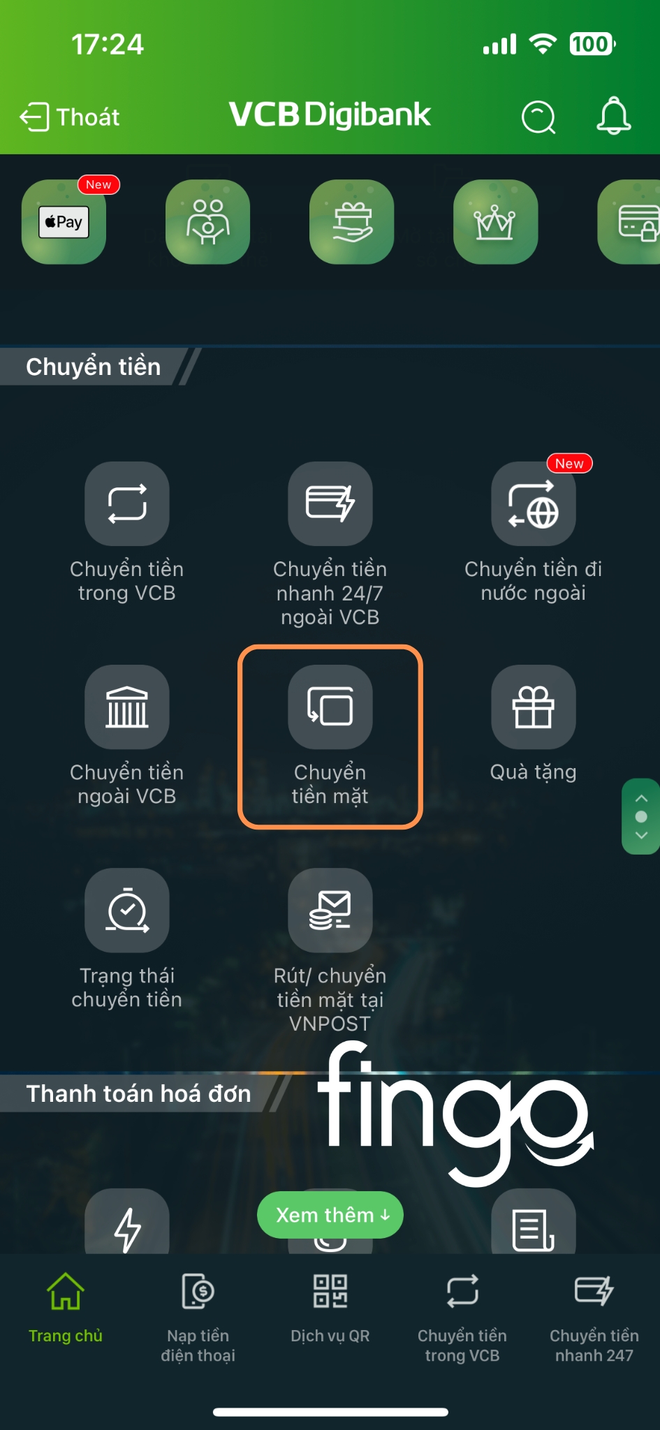 Cách chuyển tiền mặt Vietcombank bước 1
