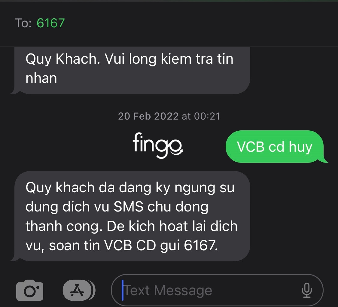 Cách hủy SMS Banking Vietcombank qua tin nhắn