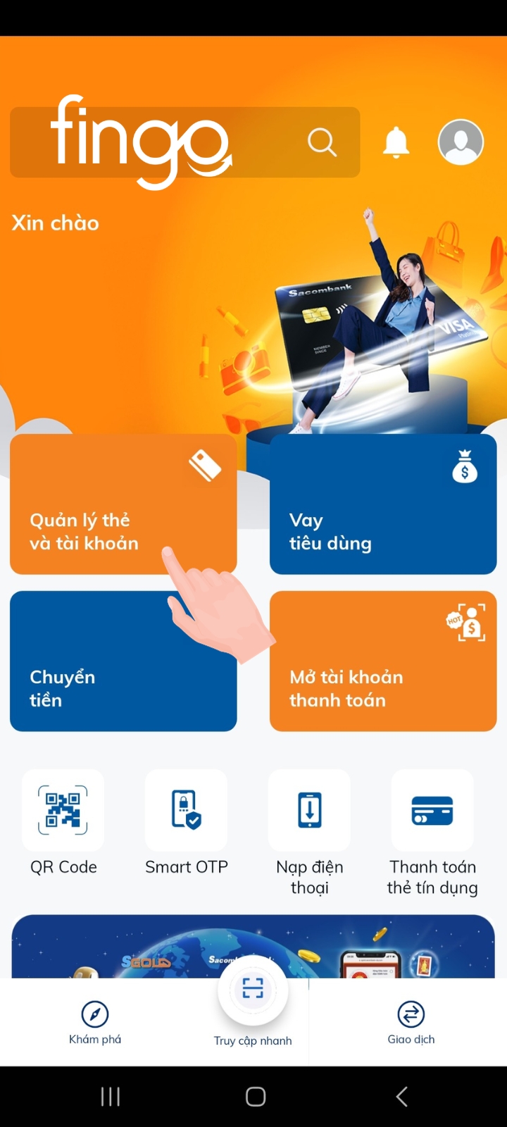 Chọn "Quản lí thẻ và tài khoản".