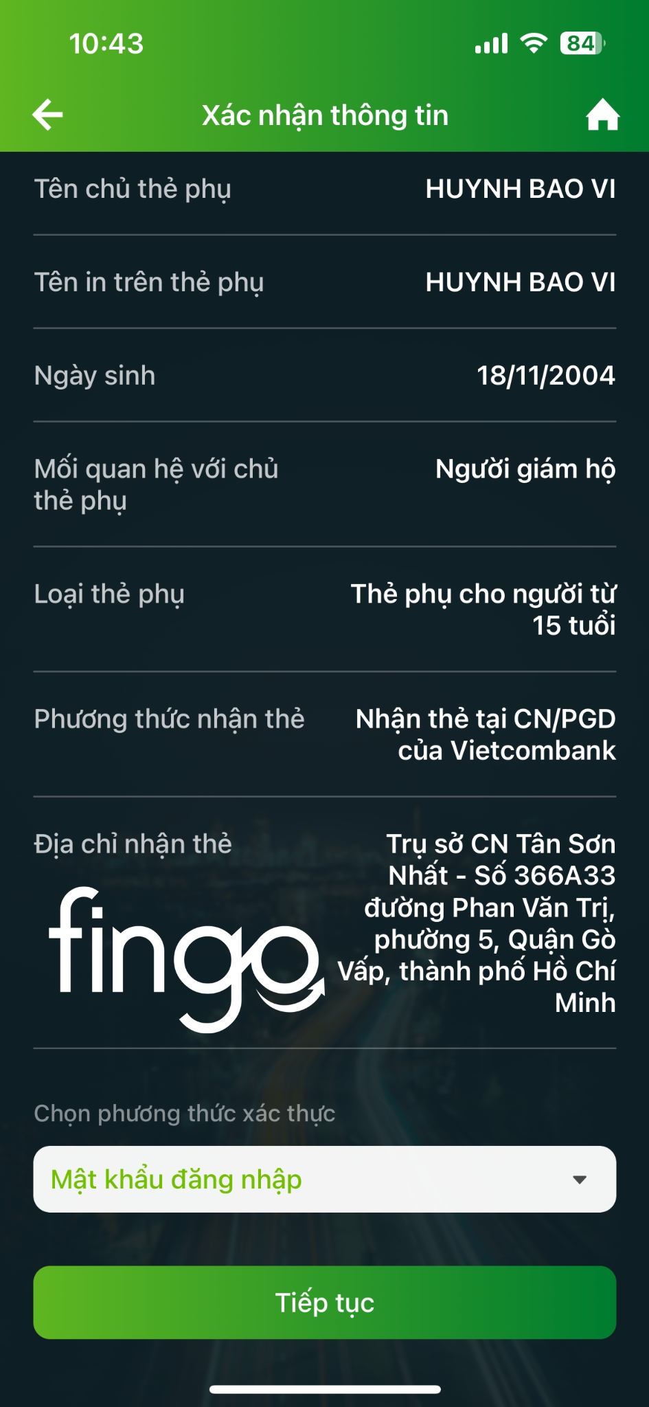 Cách mở thẻ phụ Vietcombank bước 4