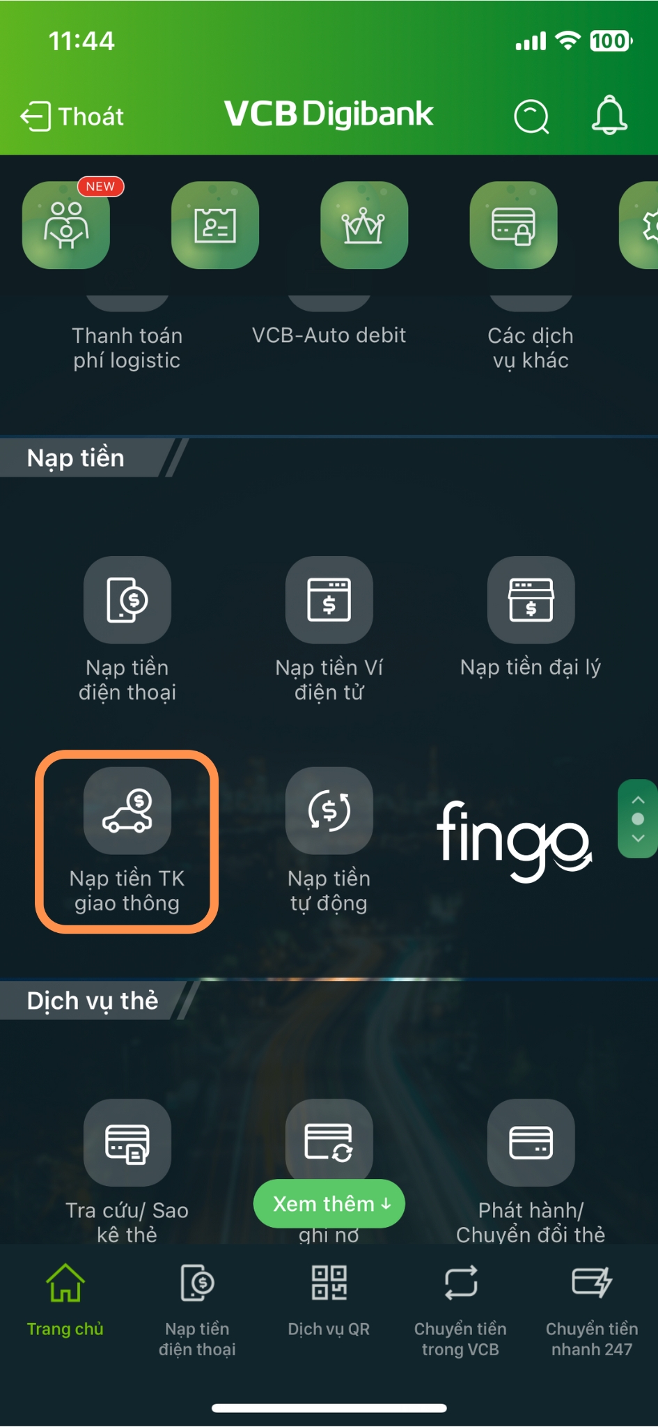 Cách nạp tiền ePass qua ngân hàng Vietcombank bước 1