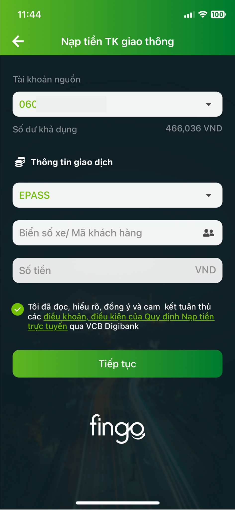 Cách nạp tiền ePass qua ngân hàng Vietcombank bước 2