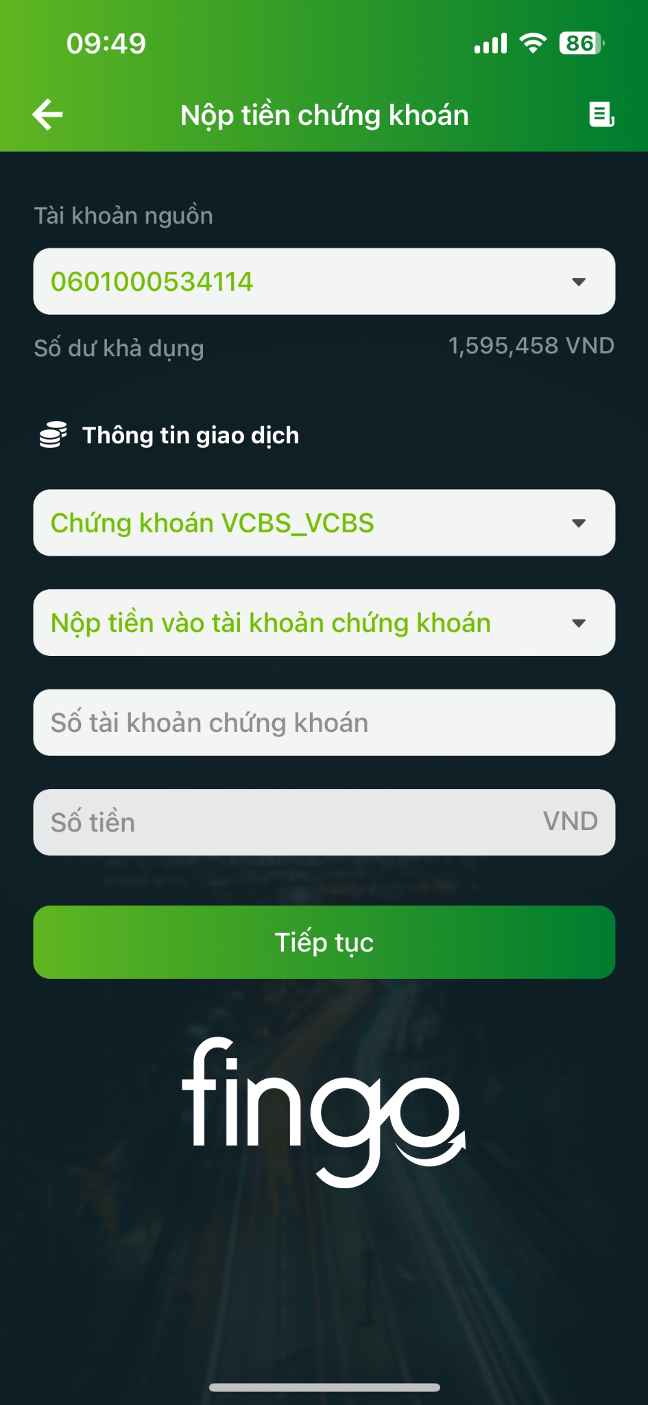 Cách nộp tiền chứng khoán bước 2