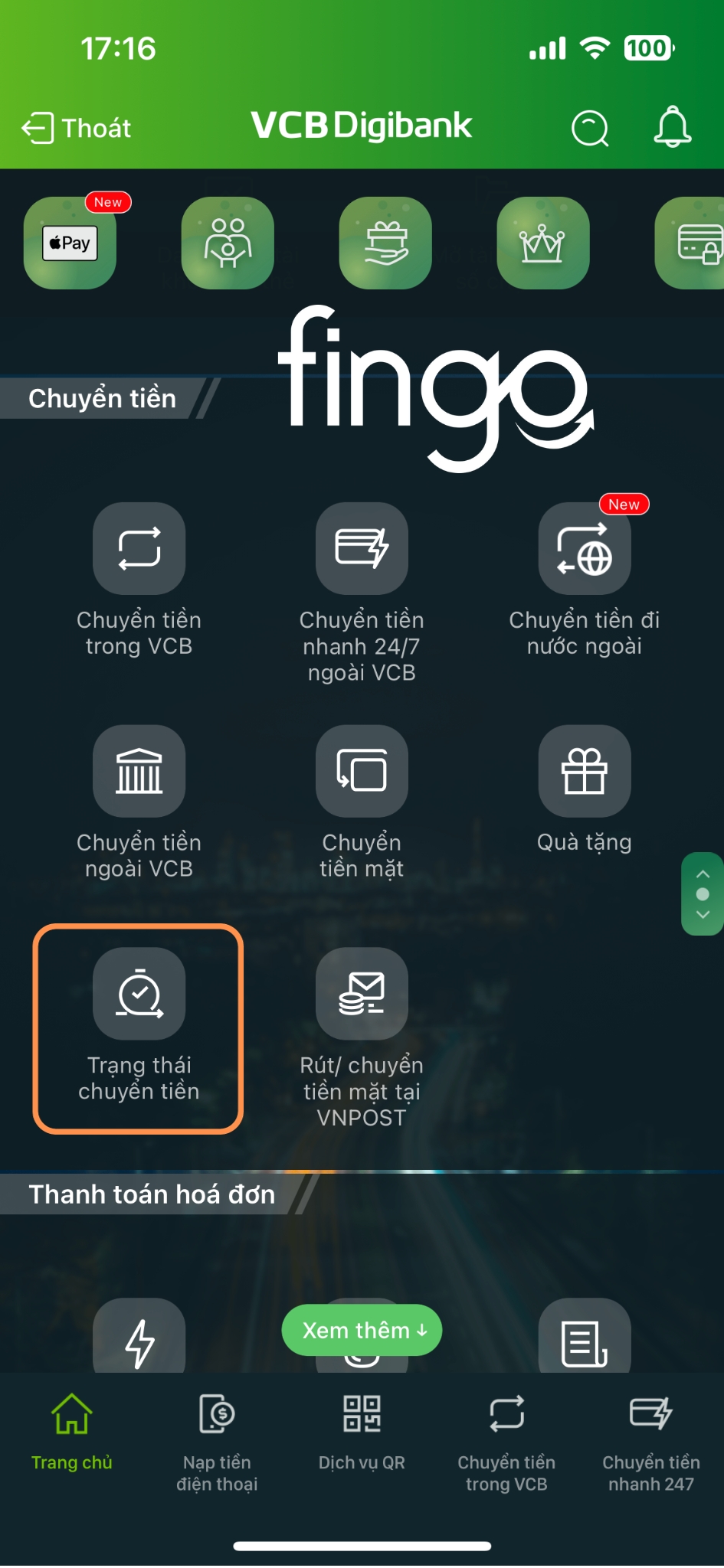 Cách xem trạng thái chuyển tiền Vietcombank bước 1