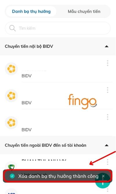 Thông báo xóa danh bạ thụ hưởng thành công xuất hiện. Vậy là bạn đã xóa thành công tài khoản trong danh bạ thụ hưởng.