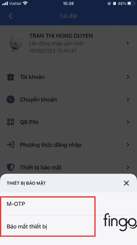  Chọn "M-OTP" hoặc “Báo mất thiết bị”