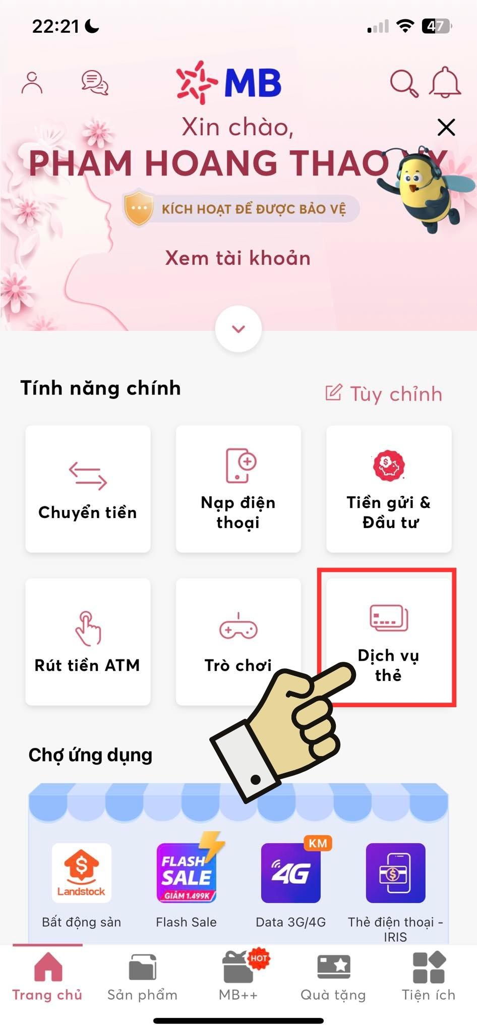 Chọn vào mục "Dịch vụ thẻ"