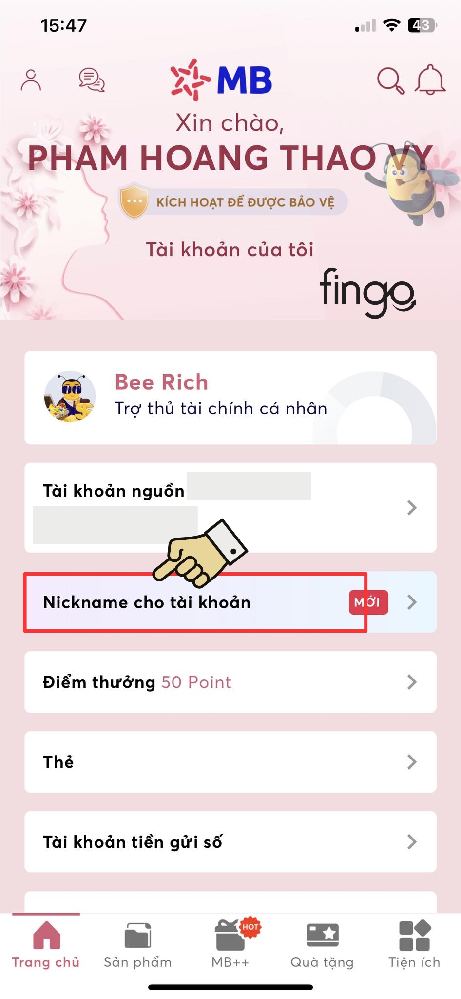 Chọn vào "Nickname cho tài khoản"