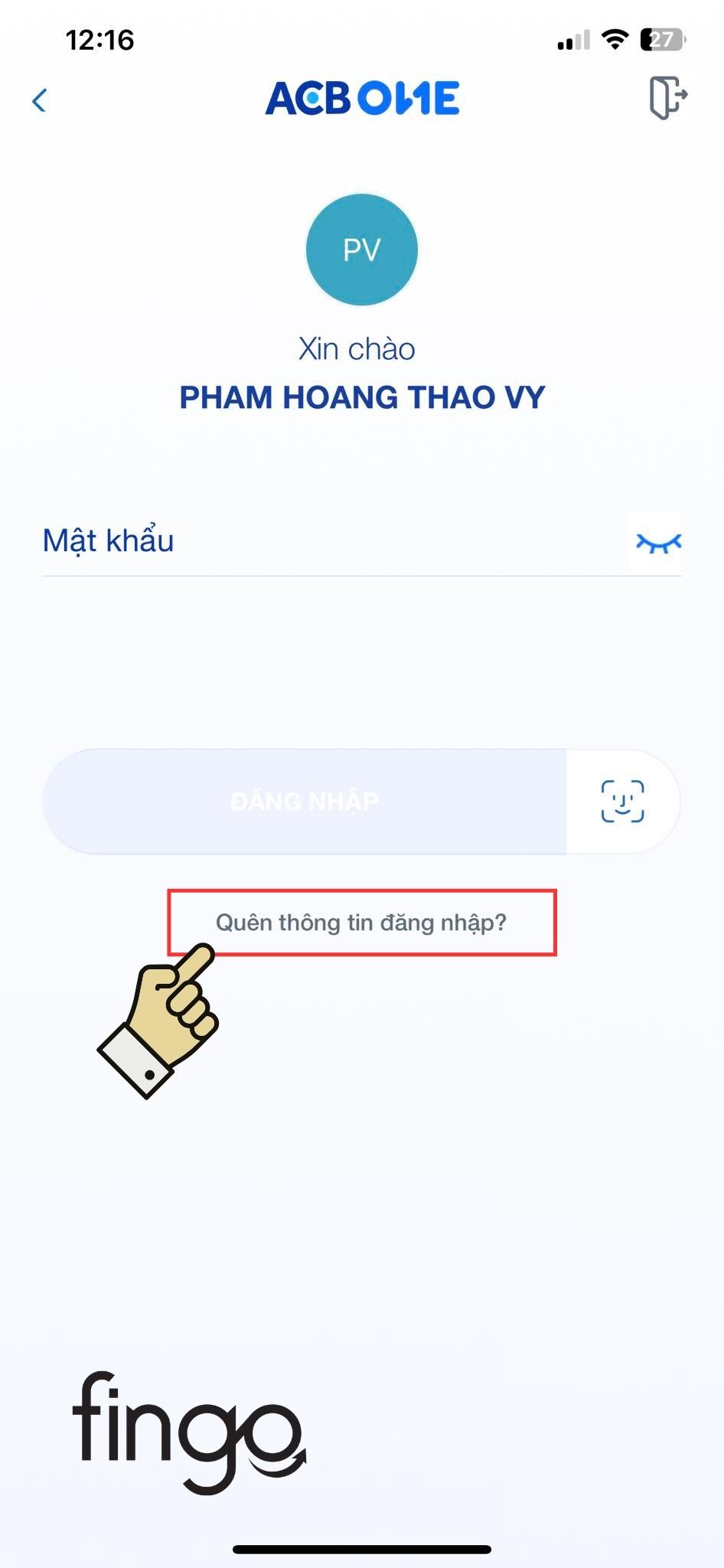 Nhấn vào mục "Quên thông tin đăng nhập"