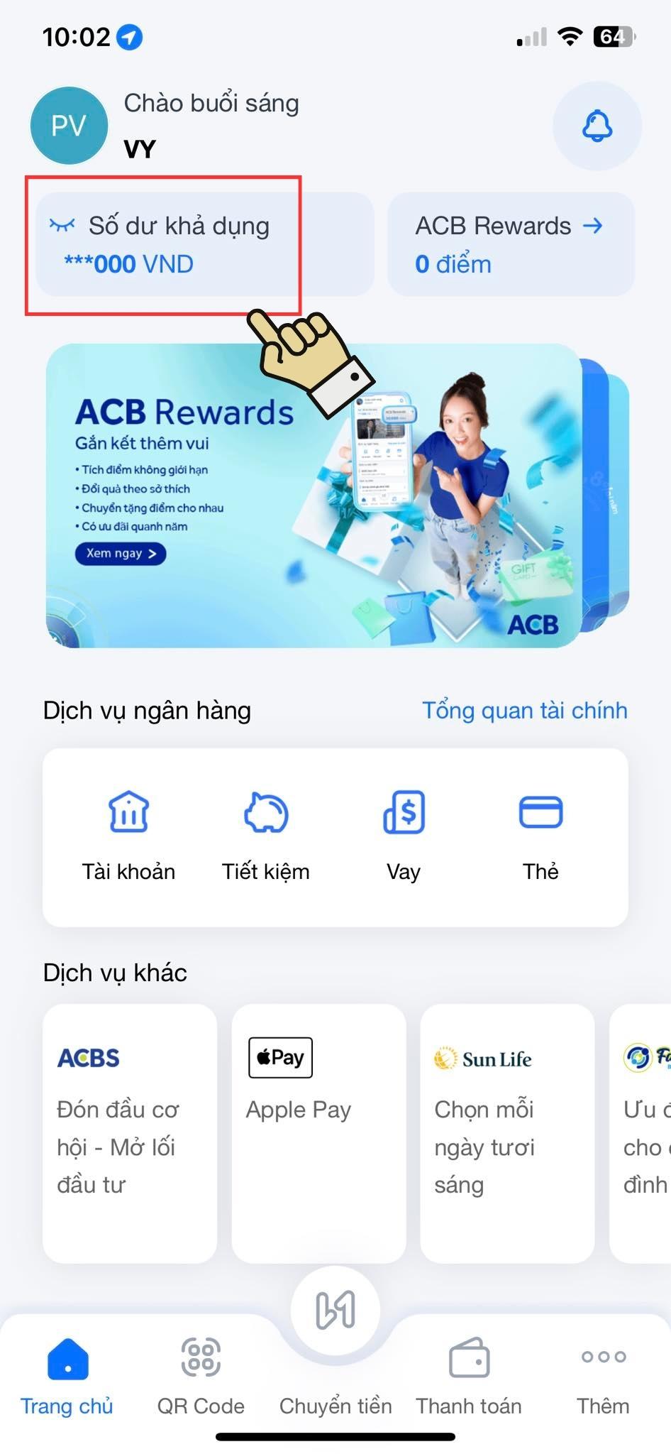Chọn mục "Số dư khả dụng"