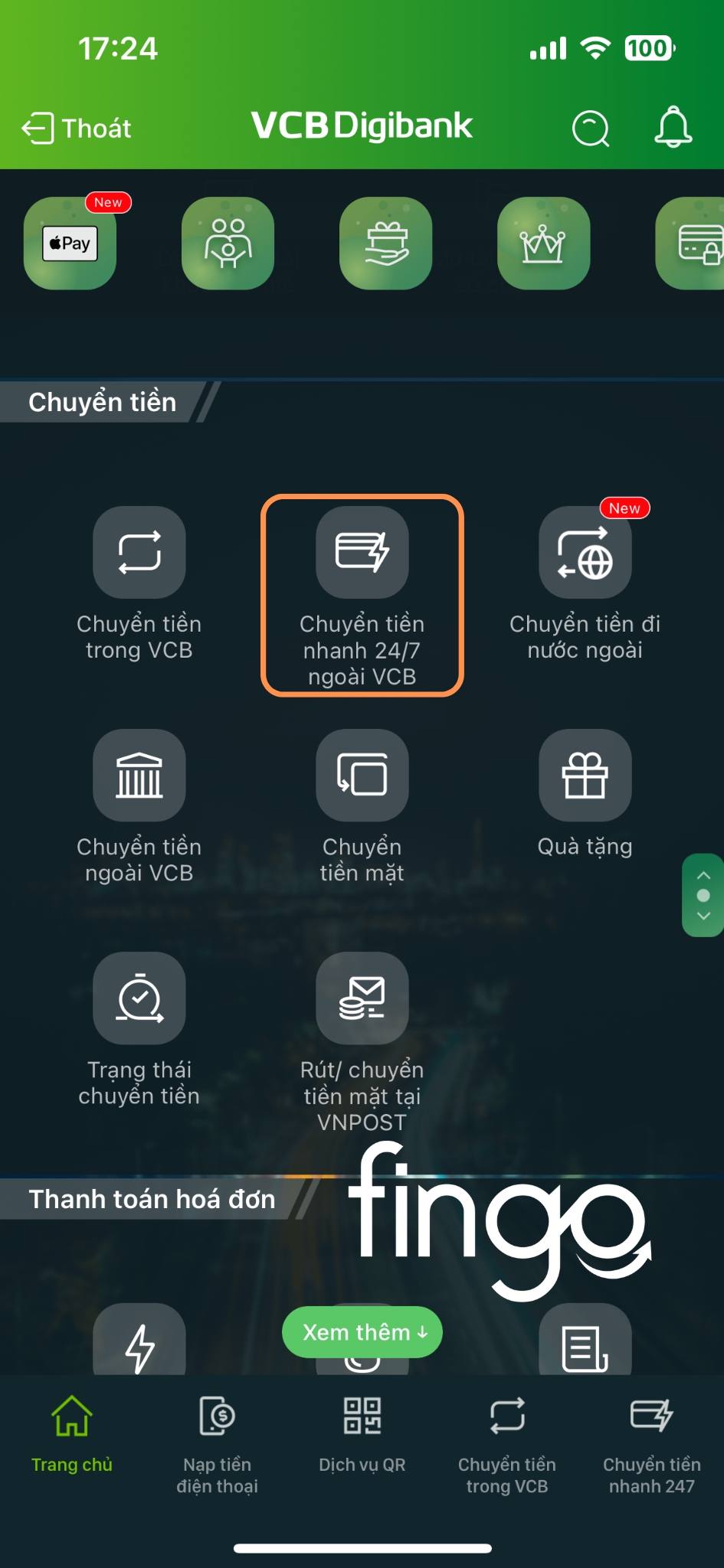 Cách chuyển tiền nhanh 24/7 Vietcombank bước 1