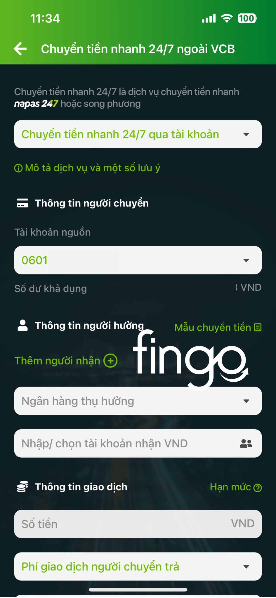 Cách chuyển tiền nhanh 24/7 Vietcombank bước 2