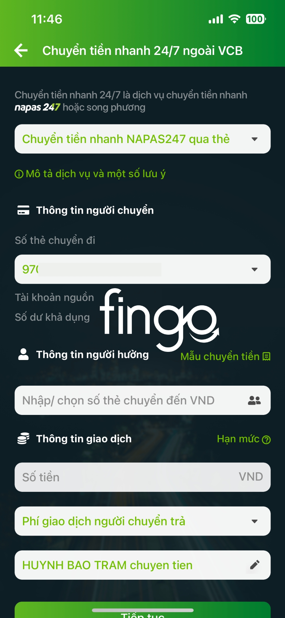 Cách chuyển tiền nhanh 24/7 Vietcombank bước 5