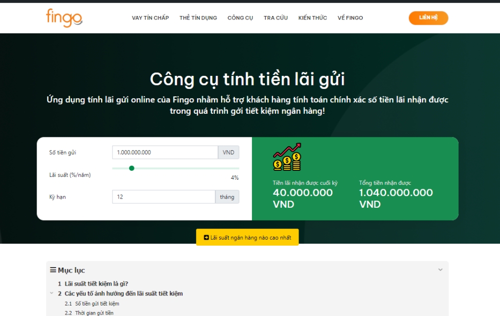 Công cụ tính lãi của Fingo