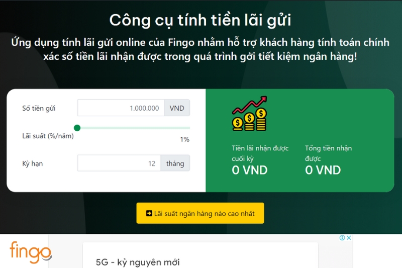 Truy cập vào Công cụ tính tiền lãi gửi Fingo