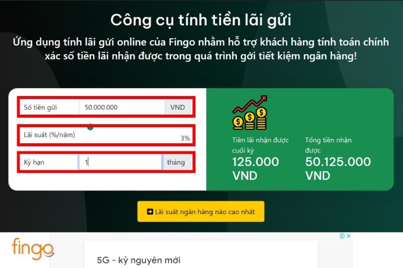 Nhập số tiền gửi 50 triệu đồng vào mục số tiền gửi