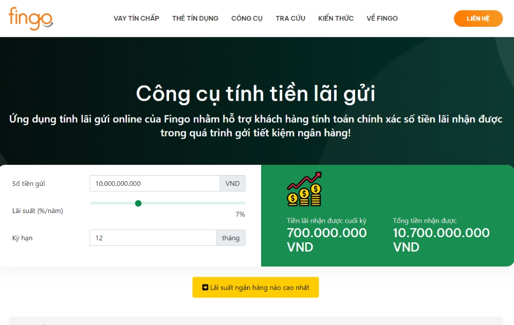 Công cụ tính lãi trả lời cho câu hỏi Gửi ngân hàng 10 tỷ lãi bao nhiêu 1 tháng?