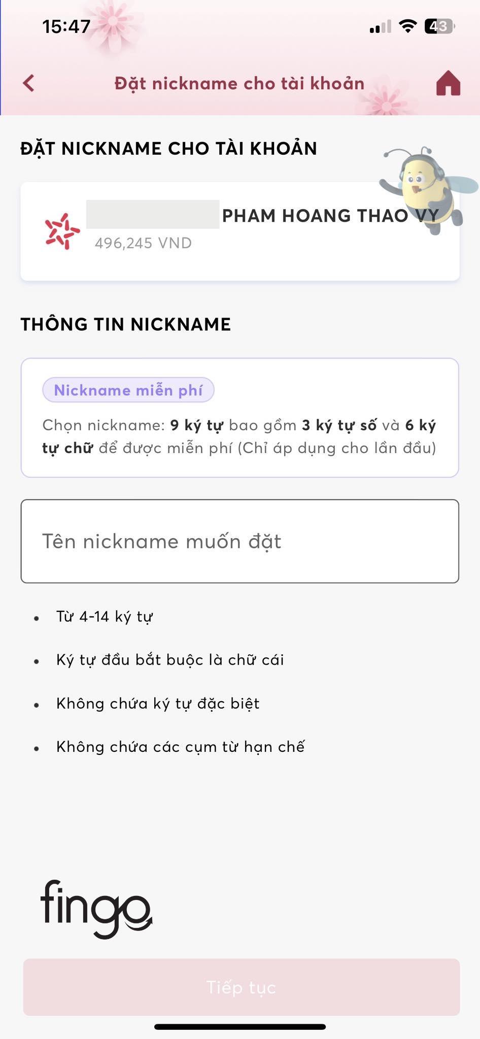 Đặt nickname theo hướng dẫn trên hệ thống