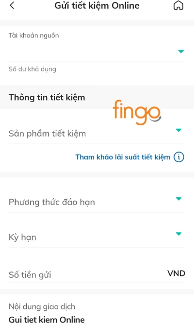Tại màn hình, khách hàng chọn tài khoản nguồn, kỳ hạn, phương thức đáo hạn và số tiền gửi.