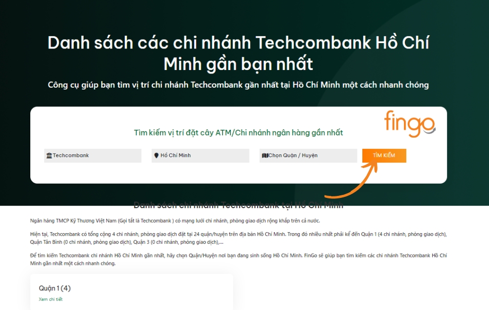 Tra cứu chi nhánh Techcombank trên website Fingo