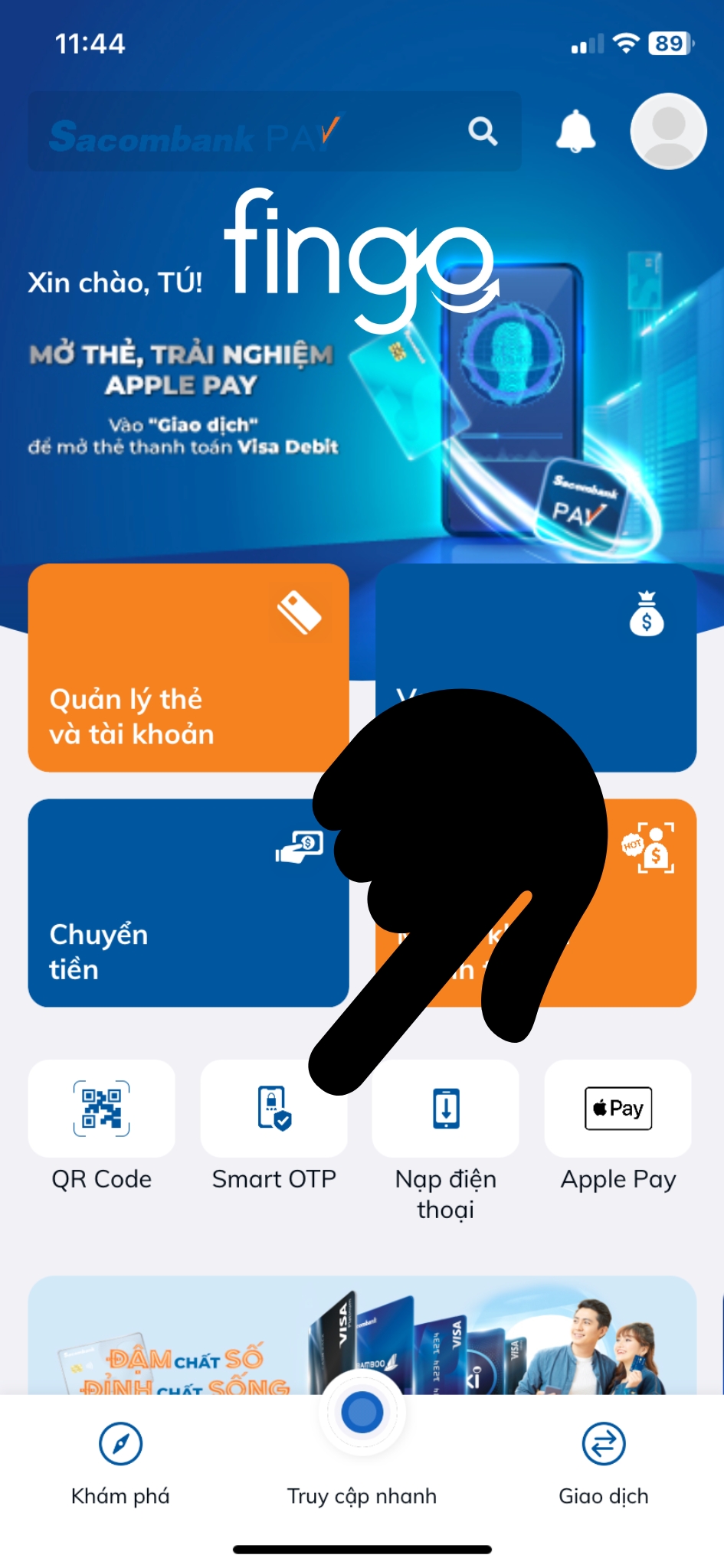 Cách kích hoạt Smart OTP Sacombank bước 1